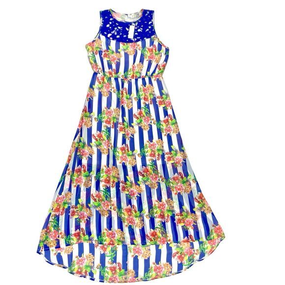 Joy & Co Maxi Dress Women M Blue Lace Embellished Floral Bohemian Beach Summer - Picture 1 of 14